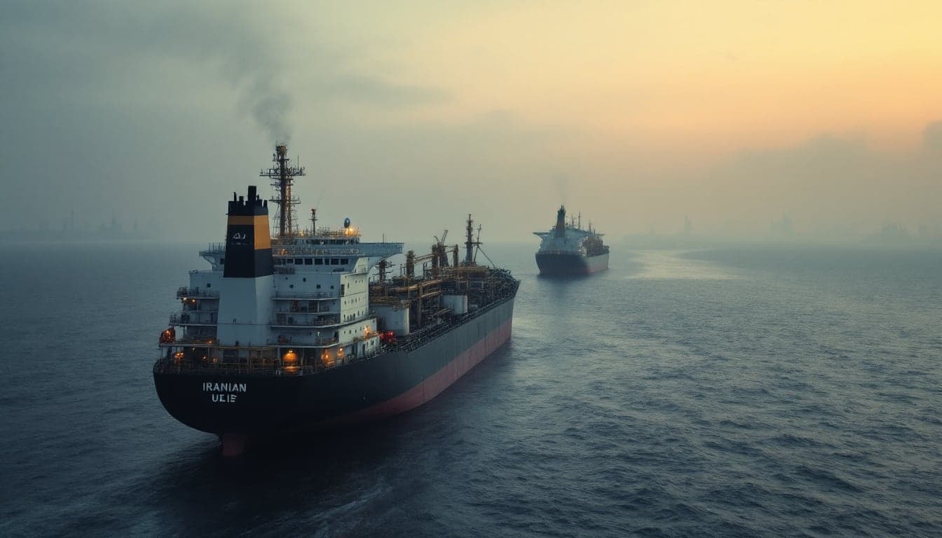 An oil tanker at sea with a financial compliance and sanctions enforcement conceptual overlay, representing U.S. Treasury actions targeting Iranian crude oil revenues.