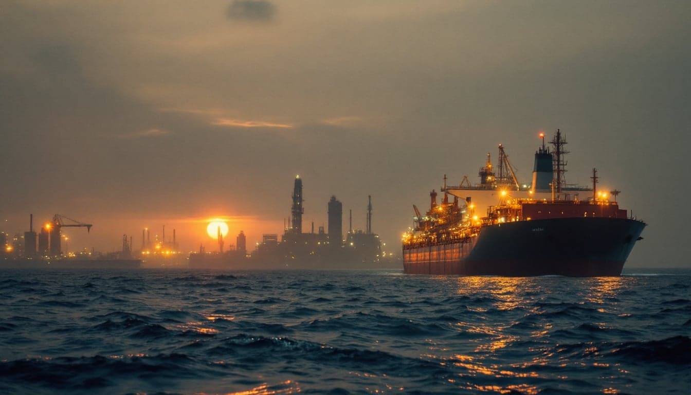 A laden crude tanker navigating open ocean waters, representing the rerouting of commercial shipping away from the Red Sea corridor amid regional military escalation.