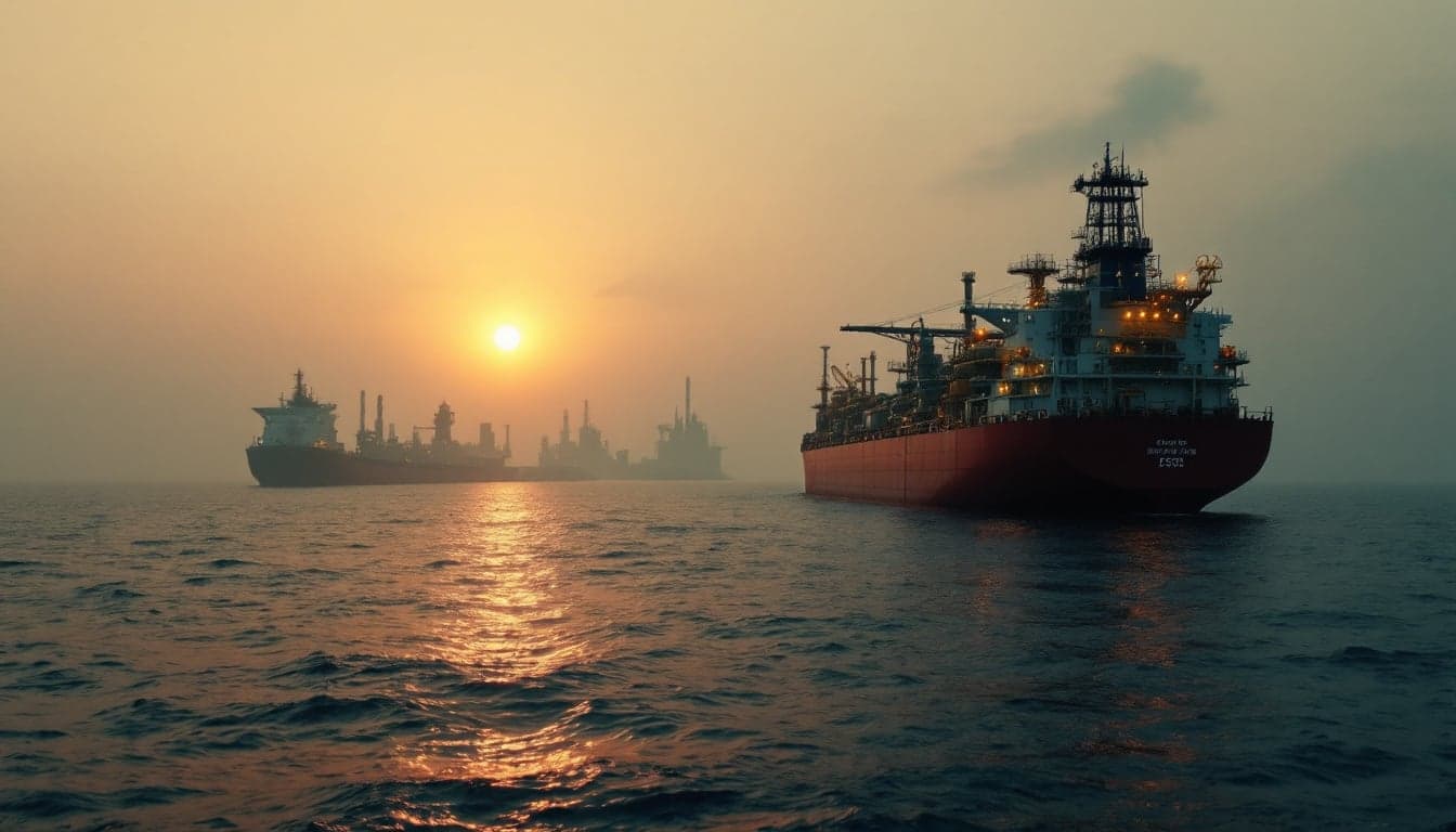 Aerial or satellite view of a large crude oil tanker transiting a narrow maritime strait, illustrating the chokepoint dynamics at the center of the U.S.-Iran escalation.