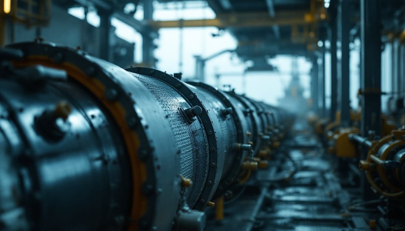 Vista de uma linha de produção de tubulações com revestimento de isolamento térmico em unidade industrial, representando a capacidade de manufatura subsea da Vallourec em Serra, Espírito Santo.
