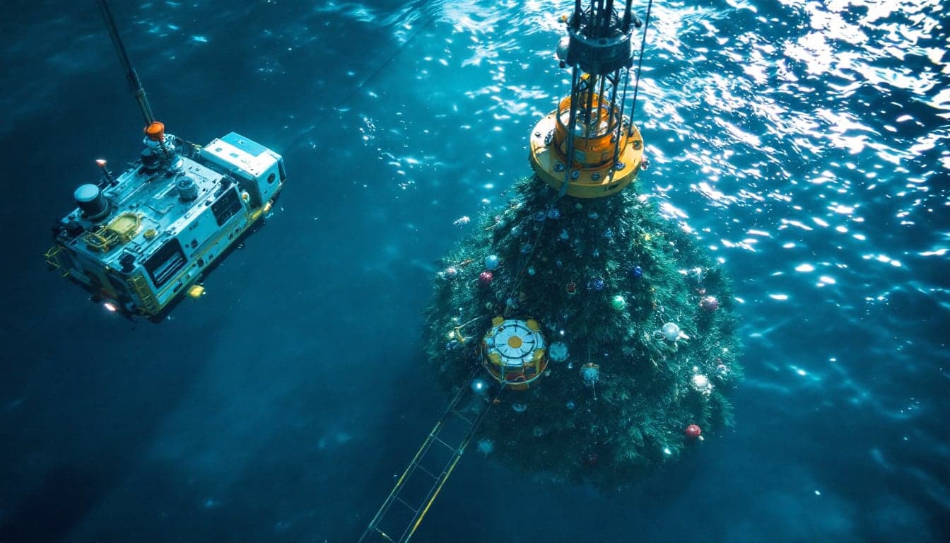 A subsea installation vessel deploying a manifold structure over the side in calm North Sea conditions, with crew in PPE observing from the deck.