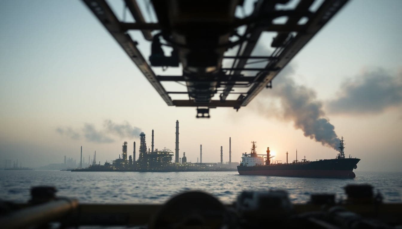 Aerial view of aging oil infrastructure in Venezuela with tankers anchored offshore, illustrating the gap between stated reserves and operational capacity.