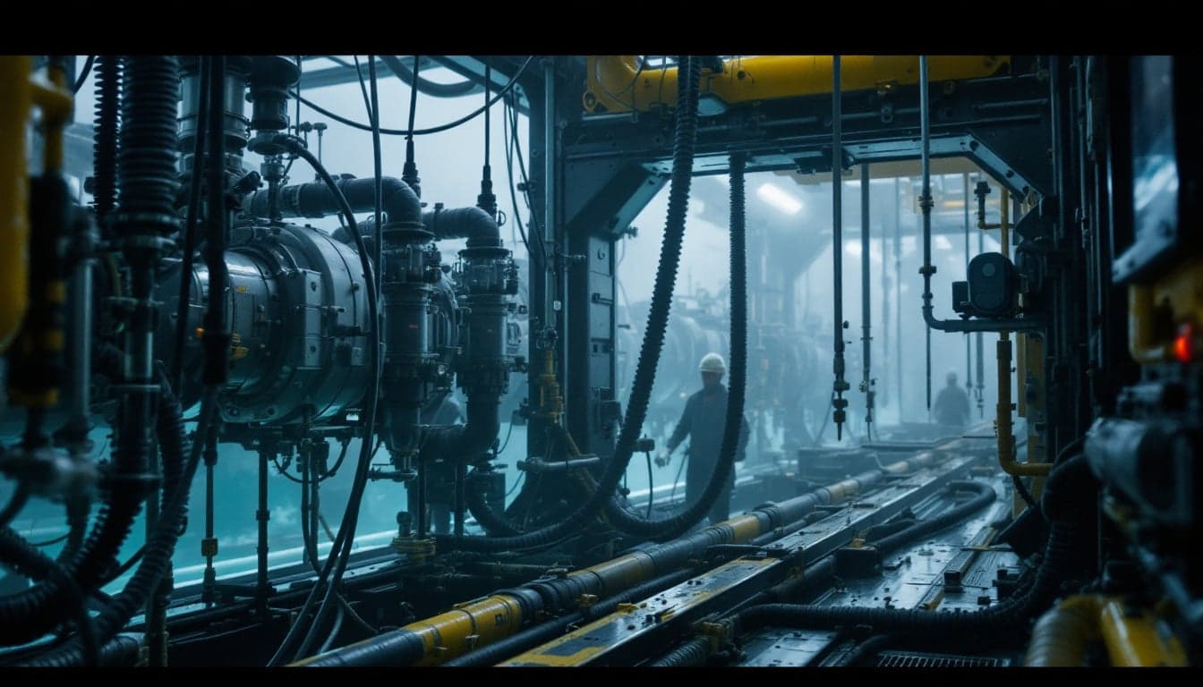 Subsea power distribution module being deployed from a vessel deck in deepwater offshore operations.
