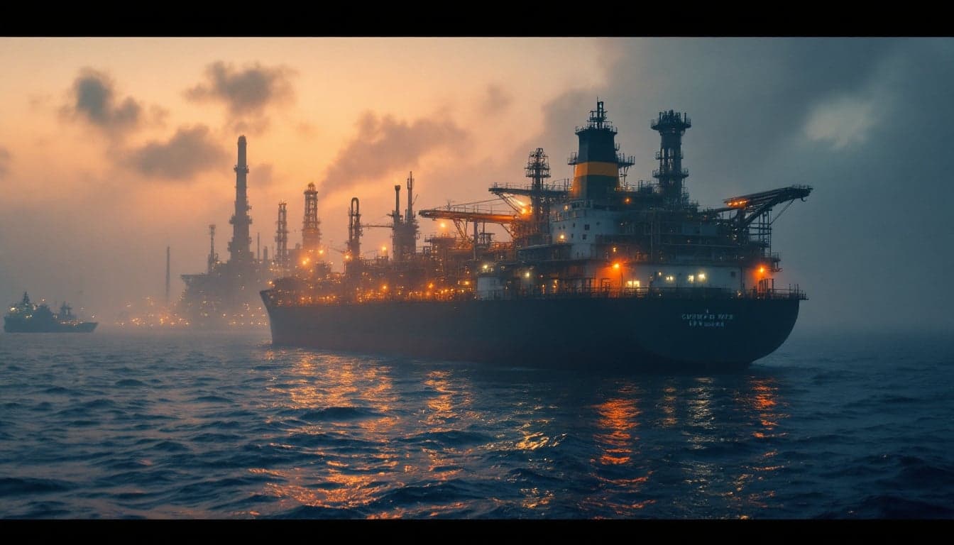 A laden crude oil tanker transiting a narrow shipping channel, representing geopolitical risk to global oil supply routes.