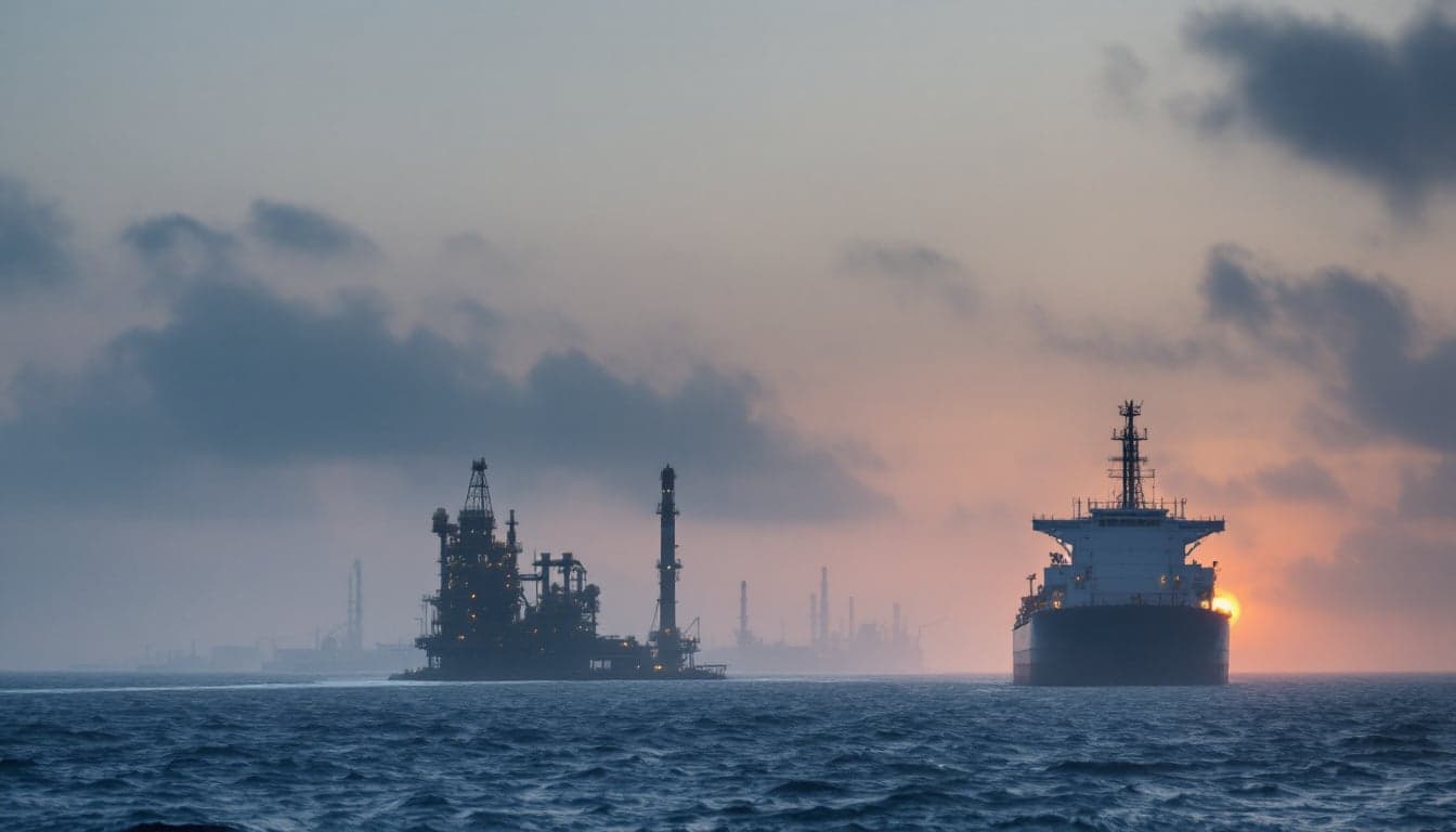 A laden crude oil tanker transiting a narrow maritime strait, with arid coastline visible on both sides, representing Hormuz passage risk.